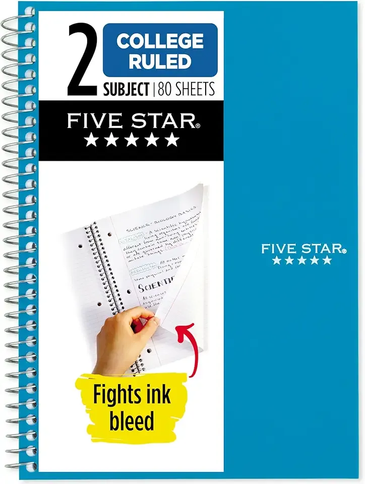 Five Star Spiral Notebook, 2 Subject, College Ruled Paper, 6" x 9-1/2", 80 Sheets, Fights Ink Bleed, Water Resistant Cover, Tidewater Blue (840029CG1-ECM)