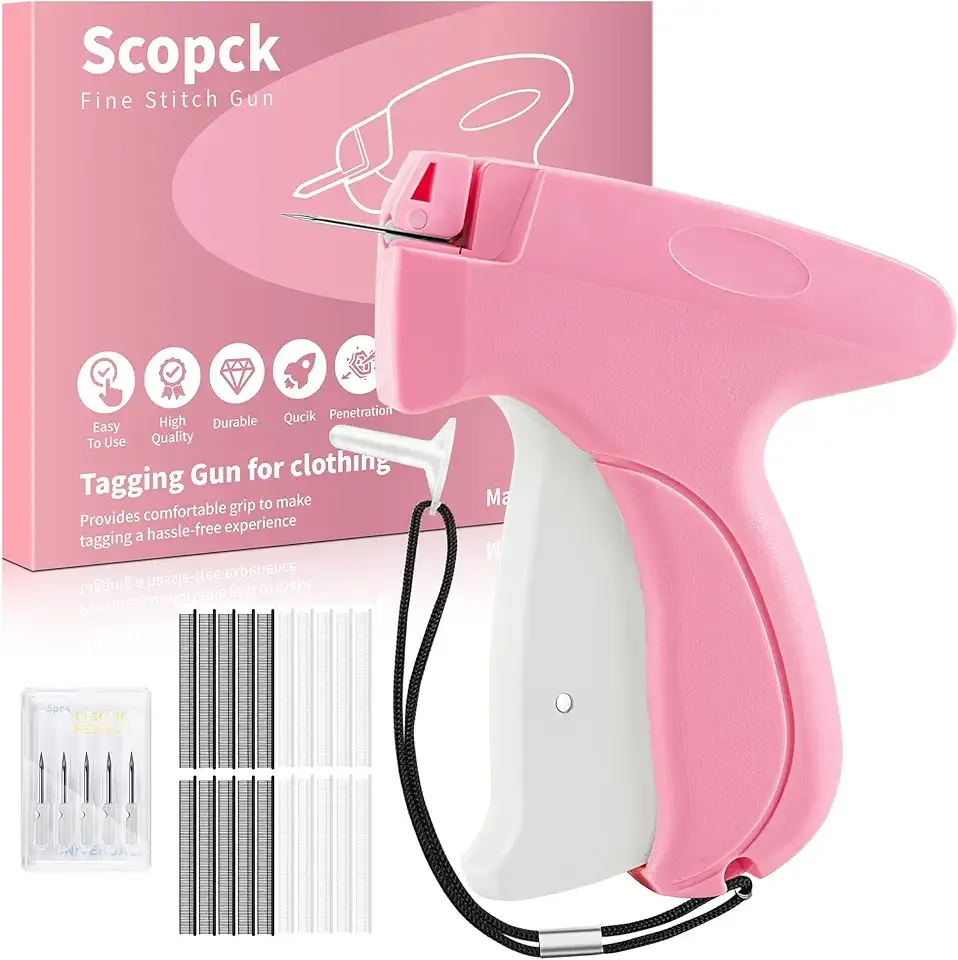 Handheld Stitch Tag Gun for Clothes, Quick Clothing Fixer, Tagging, Sewing Kit Includes 6 Needle, 1000 Black Fasteners & 1000 White Fasteners, Pink