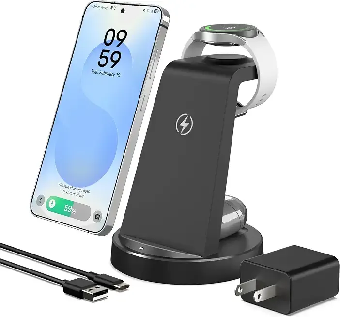 Wireless Charger for Samsung, 3-in-1 Android Charging Station | Phone and Watch Charger for Samsung S26/S25/S24/S23/S22, Note 20/10, Z Fold 6/5, Galaxy Buds, Galaxy Watch-Black