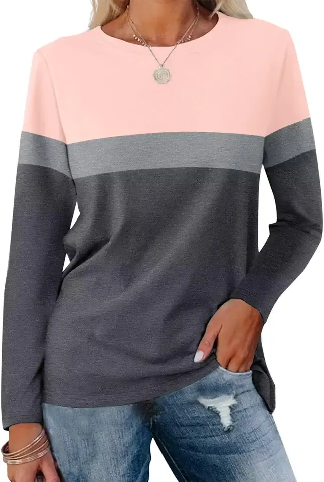 Women's Color Block Long Sleeve Tunics Tops Casual Striped Crew Neck Shirts Loose Blouses