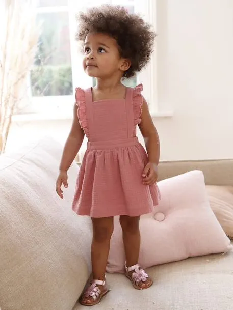 Robe bébé en gaze de coton bretelles à volants - vieux rose