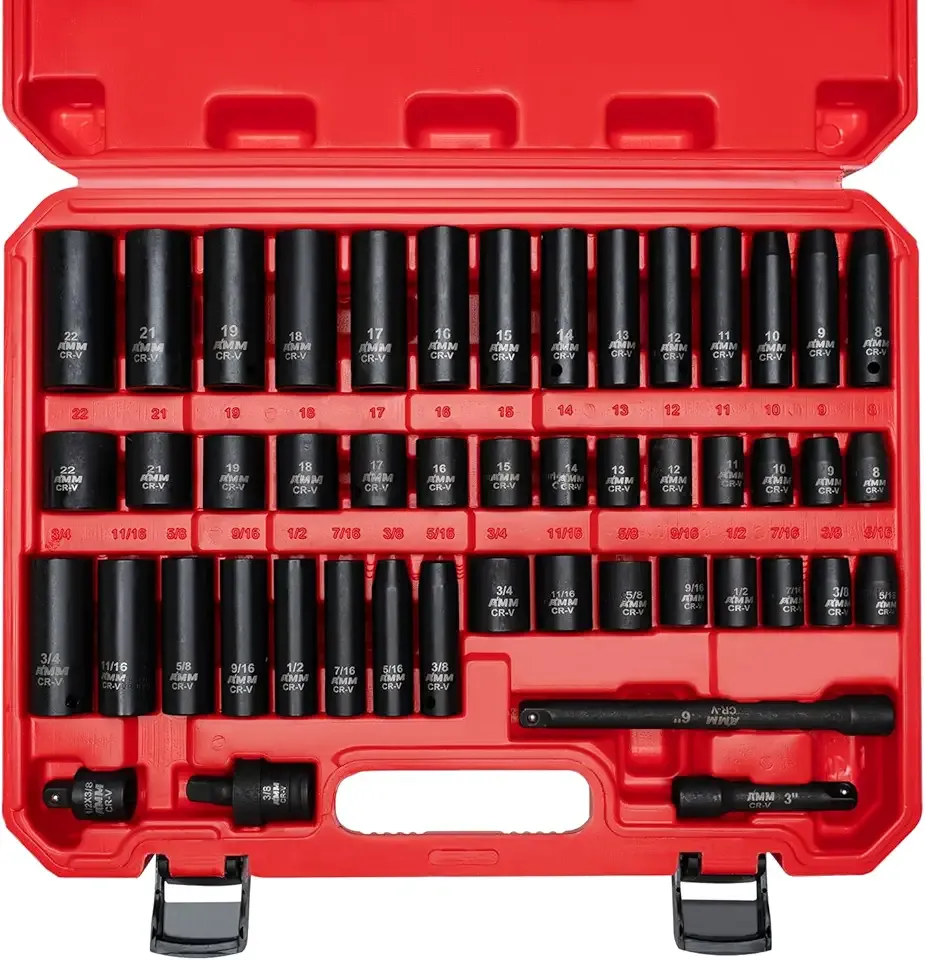 AMM 3/8" Drive Impact Socket Set, 48-Piece Standard SAE (5/16 to 3/4 inch) and Metric (8-22mm) Size, 3" and 6" Drive Extension Bar, Impact Universal Joint, 3/8" to 1/2" Impact Adaptor, CR-V