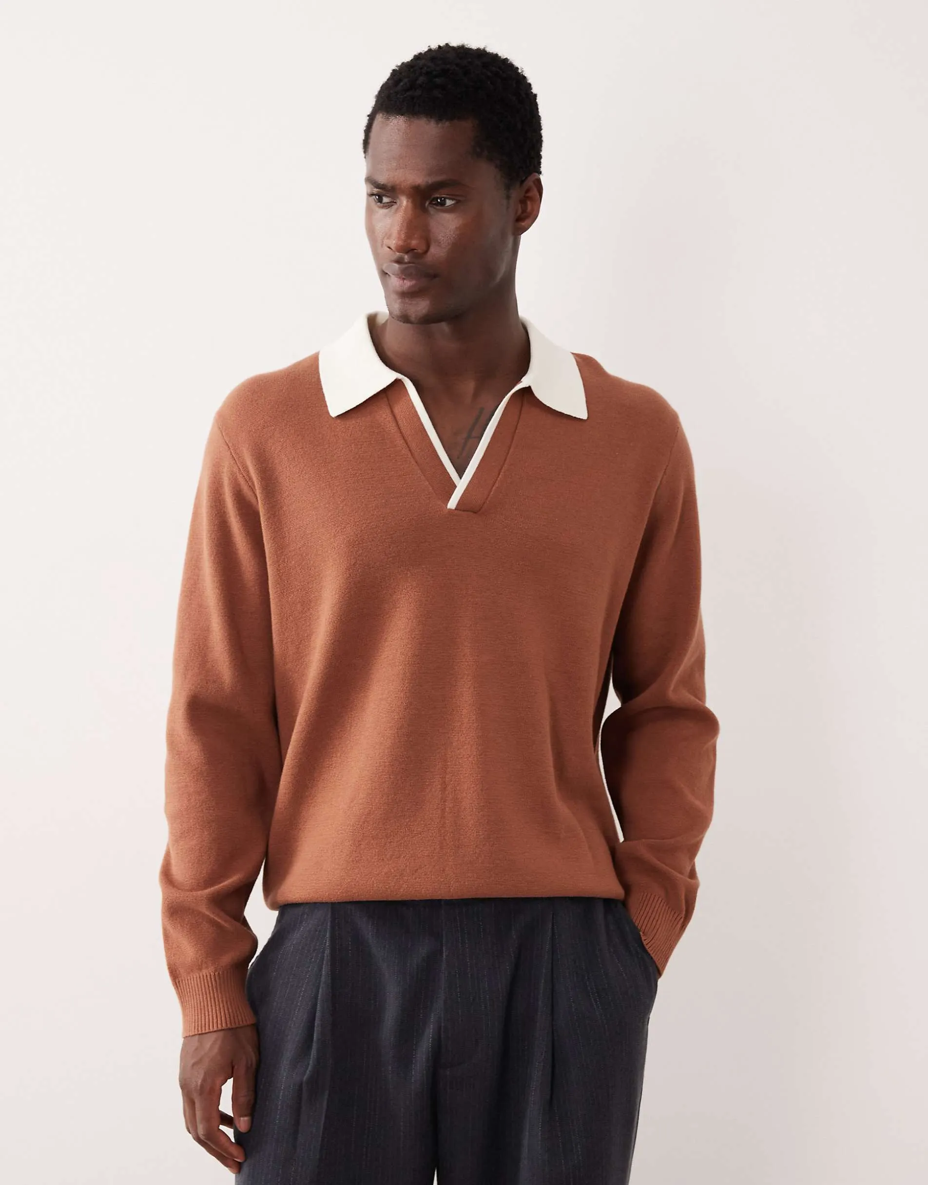 ASOS DESIGN relaxed knitted long sleeve notch neck polo in brown
