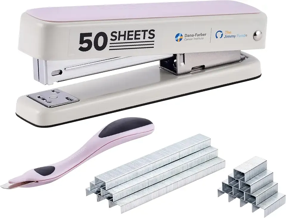 Bostitch Titan Heavy Duty Metal Stapler, 50 Sheet Capacity with 1250 Staples and Ergonomic Staple Remover, Jam Free Stapling, Full Strip Stapler for Desk, Office and Classroom, Pink & White