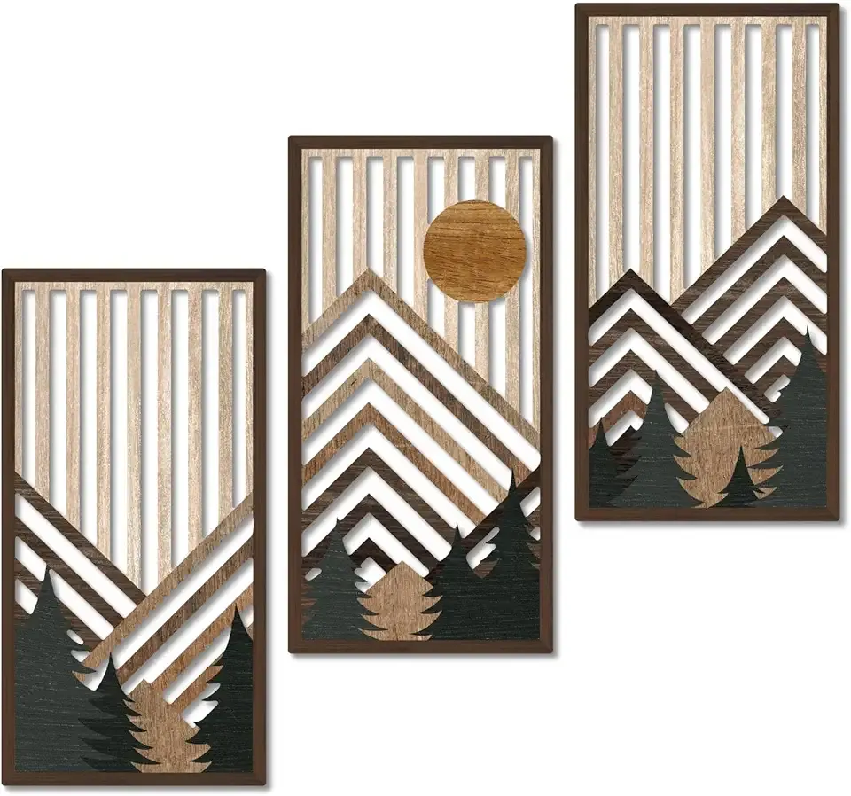 Putuo Decor Boho Mountain Wall Art Set of 3, Rustic Wooden Wall Decor, Nature-Inspired Geometric Artwork, Mid-Century Modern Aesthetic for Living Room, Bedroom, Office Brown 16.5 x 8.6 inch