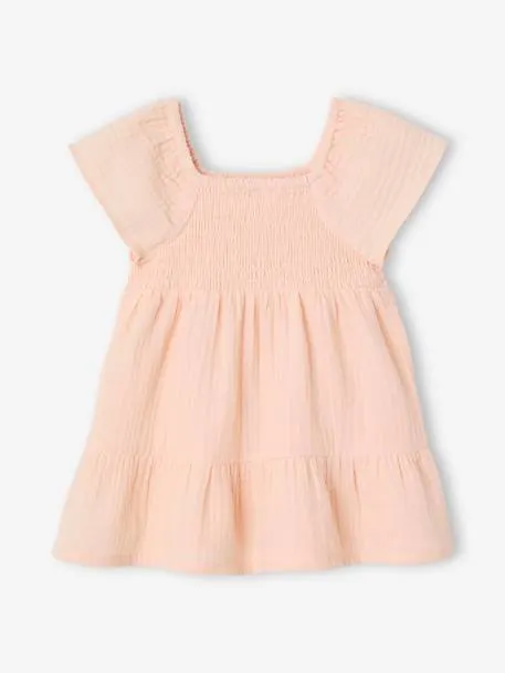 Robe bébé smockée en gaze de coton - abricot poudré