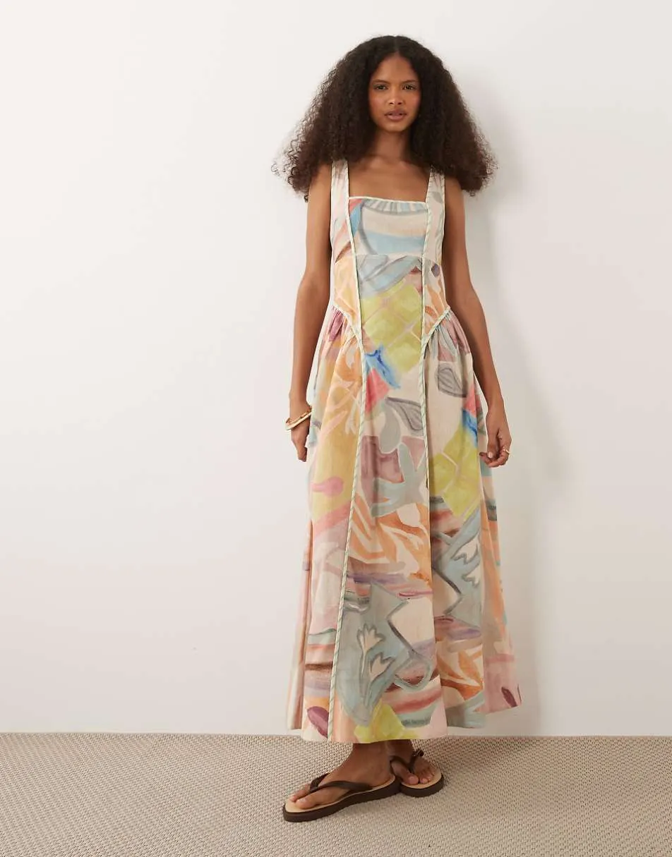 ASOS DESIGN square neck midi dress with sculpted bust and contrast piping in print