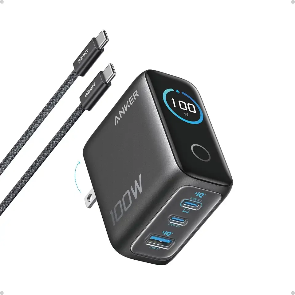 Anker 100W Max USB C Charger, 3-Port GaN Phone Charger with Smart Display | Ultra-Compact Fast Laptop Charger with Touch Control for iPhone 17 Series,iPad,MacBook Pro/Air(Include Cable,Non-Battery)