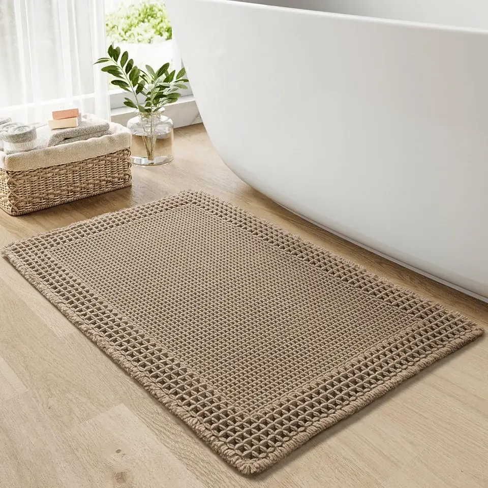 RESARE Waffle Bath Mat, Super Absorbent Non Slip, Machine Washable, Ultra Soft Boho Bath Rugs with Tassels, Upgraded Bordered Design, 17"x24" Brown