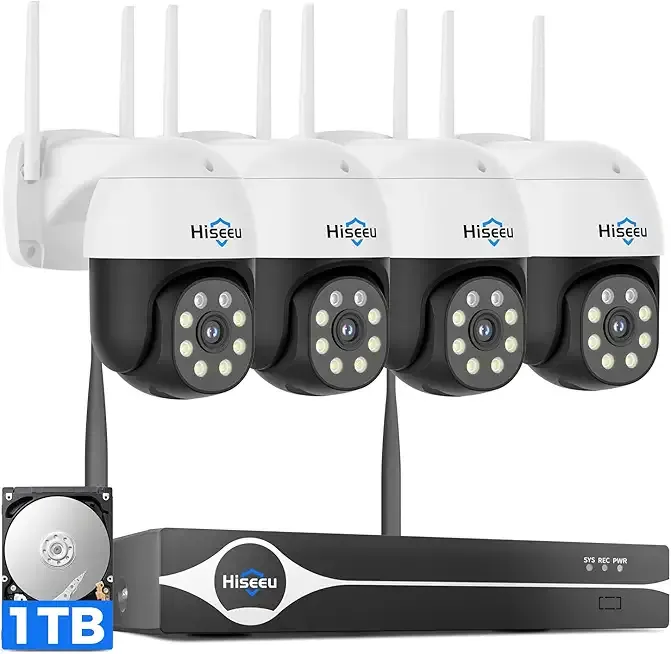 Hiseeu 4K Security Cameras Wireless Outdoor, 8MP 4-Cam Kit, 5G & 2.4G WiFi Cameras System for Home Security, Auto Tracking, Pan Tilt, Color Night Vision, Two-Way Audio, 16CH NVR, 1TB, No Subscription