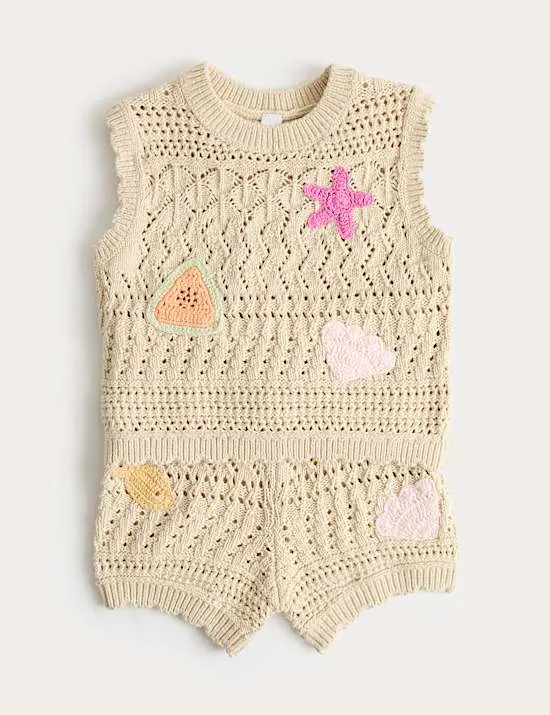 2-teiliges Outfit aus reiner Baumwolle und Häkelbesatz mit Muschelmotiv (0–5 Jahre)