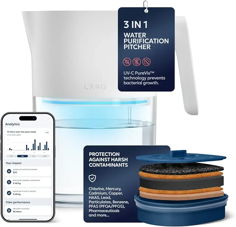 LARQ PureVis 3-in-1 Water Pitcher – Purifier, Filter & Tracking, 8-Cup Water Purifier Pitcher with Advanced Filter for Clean & Crisp Water – Removes Chlorine, PFAS, Lead & More – Pure White