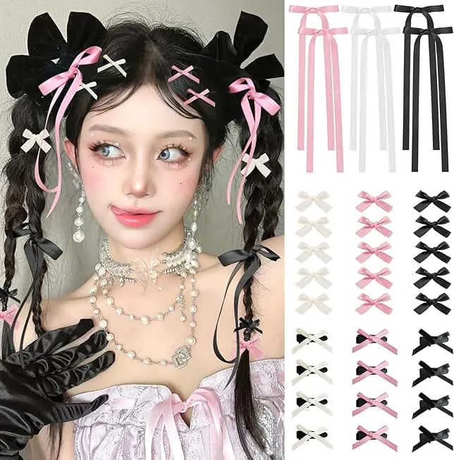 Mini Hair Bows for Women Girls Cute Hair Clips Small Alligator Long Tail Hair Ribbon Accessories -3 Styles -36P - Black White Pink