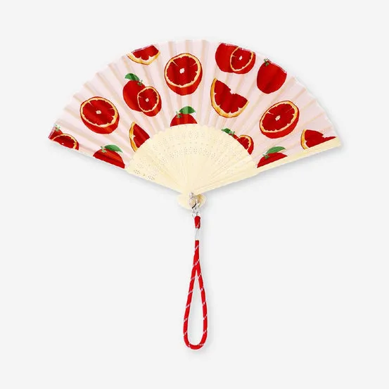 Foldable bamboo fan with a strap - Blood orange print