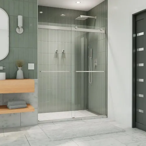 Essence 56 to 60 in. W x 76 in. H Frameless Bypass Sliding Shower Door in Brushed Nickel with 8mm Clear Tempered Glass
