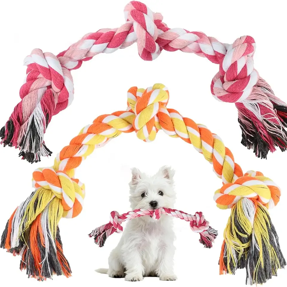 SZEE 2Pcs Dog Rope Toy for Small Breeds, 14 in 3 Knots Chew Rope Toys for Dogs, Pull Toy for Tug of War, Energy Release, Boredom Relief and Teeth Cleaning (Pink & Orange)