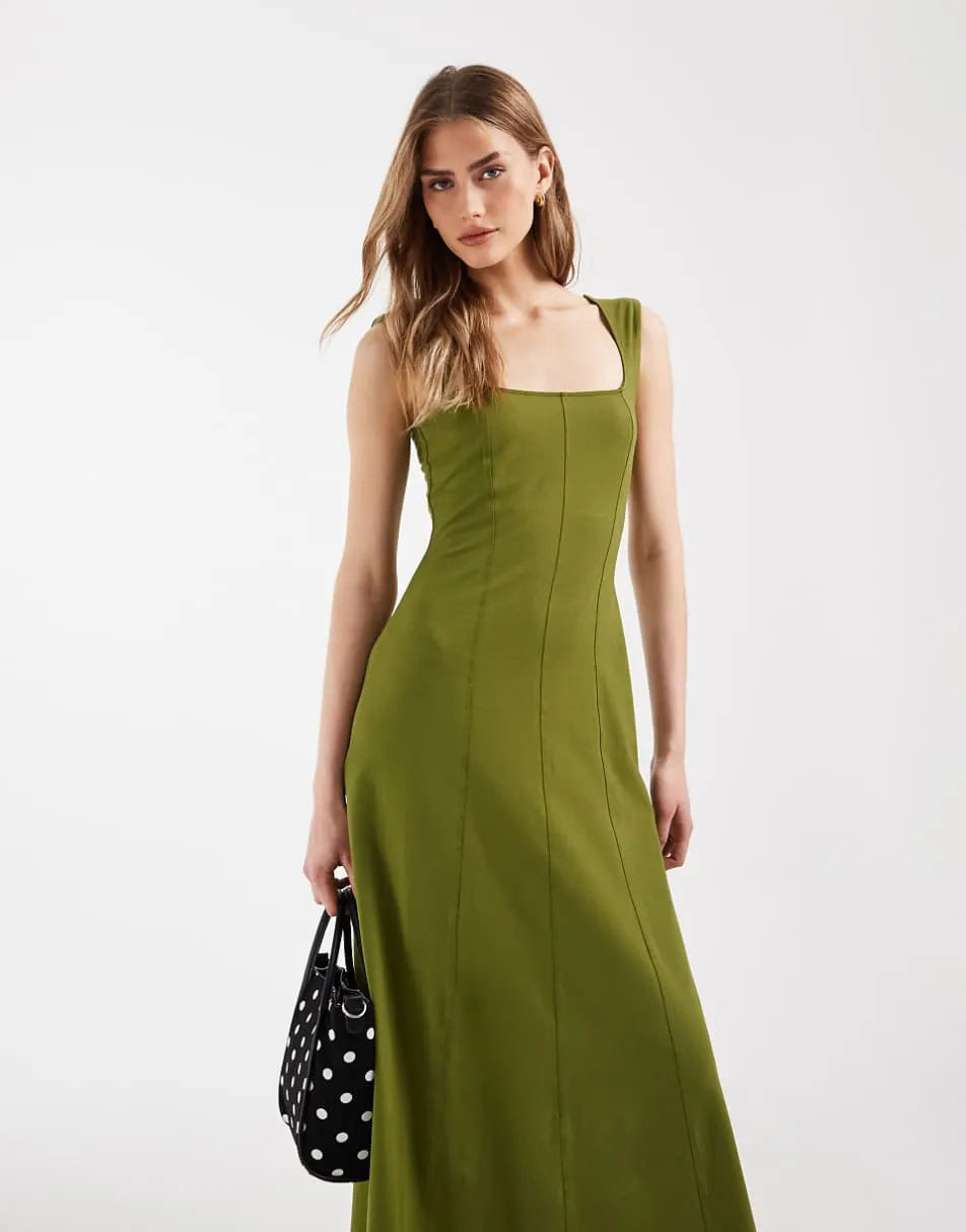 ASOS DESIGN square neck seam detail midi dress in khaki