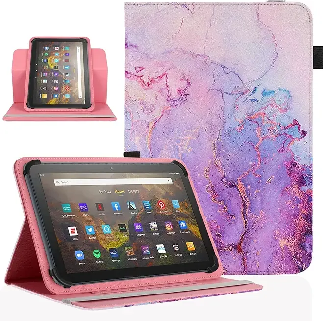 Universal 10-10.1 Inch Android Tablet Case, 360 Degree Rotatable Kickstand Multiple Viewing 9.5"-10.5" Protective Cover for Touchscreen Devices, Marble Purple