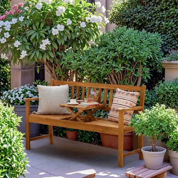 Devoko Patio Acacia Wood Bench Loveseat with a Folding Table, Outdoor Wood Porch Chair for 2 Persons for Garden and Backyard $145.99 Was $199.99