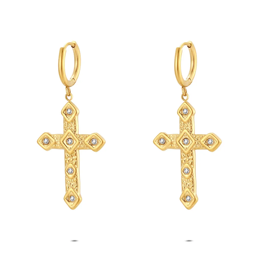 Oorbel in edelstaal, kruis met zirkonia