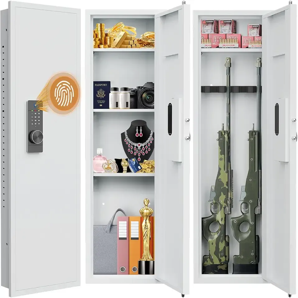 53.15" Wall Safe Between the Studs, Biometric Fingerprint Hidden Safe with Dual Alarm System and Silent Mode, Wall Gun Safe with 3 Adjustable Shelves and Magnetic Slot (White-Fingerprint)