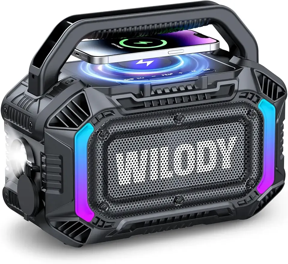 Speakers Bluetooth Wireless, 100W Loud Outdoor Speaker with Bass, IPX7 Waterproof Floatable, 20H Playtime, Wireless Charge, TWS, RGB Light, Portable Speaker for Work, Garage, Outdoor (L-Black)