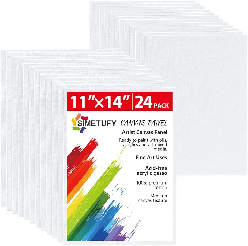 Simetufy 24 Pack Flat Canvas Boards for Painting 11x14 Inch Blank Canvas Panels, Gesso Primed Acid-Free 100% Cotton for Acrylics Oil Watercolor Tempera Paint