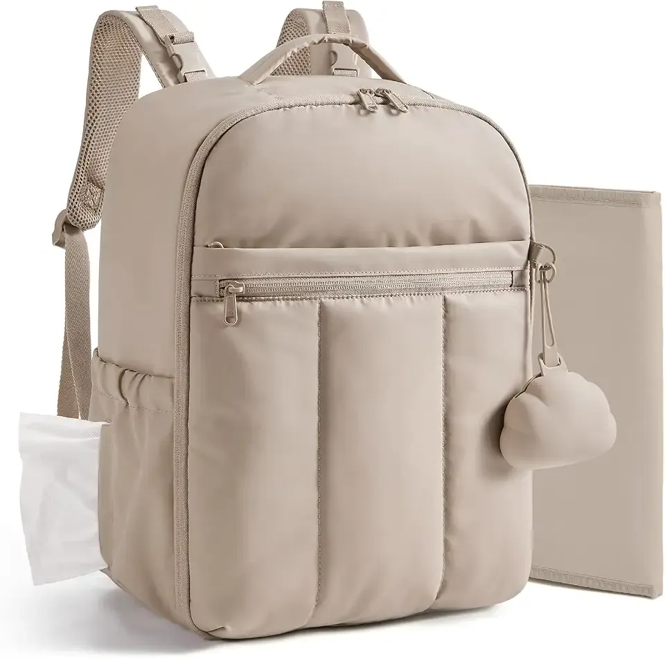 BAGSMART Diaper Backpack with Insulated Pockets & Changing Pad, Camel | Puffy Lightweight Baby Bag for Girl & Boy with Travel Stroller Straps