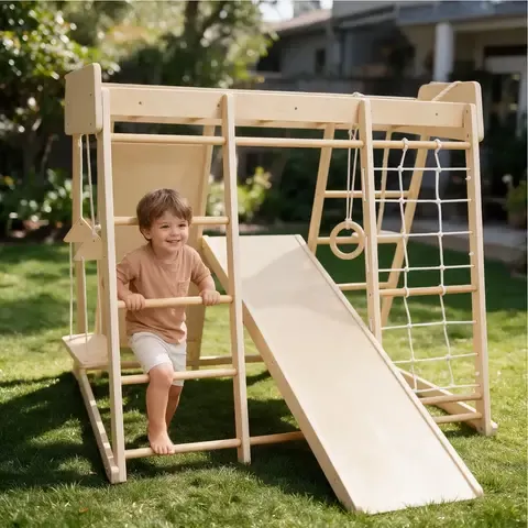 Juego Infantil De Madera Interior Exterior Escalador, Columpio, Resbalín y Cuerdas