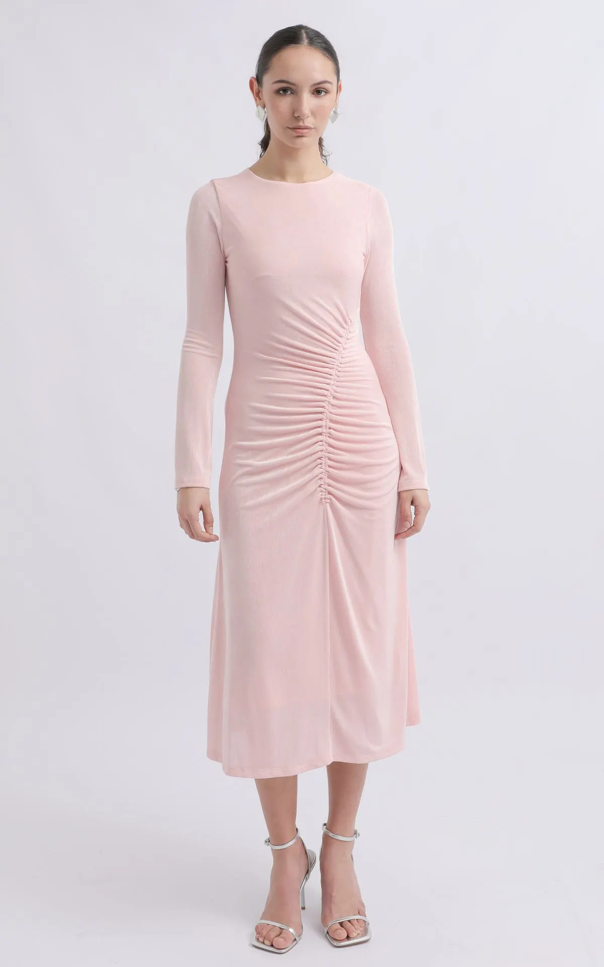 Metallic Jersey Ruched Detail Midi Dress