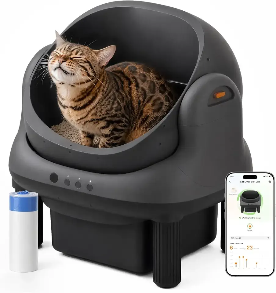 HHOLOVE Self Cleaning Litter Box, Open Top Automatic Litter Box, Safety Sensors Protection, App Control for Multiple Cats, Odor Control Includes 1 roll Liner, Large Waste Bin (Matte Gray)