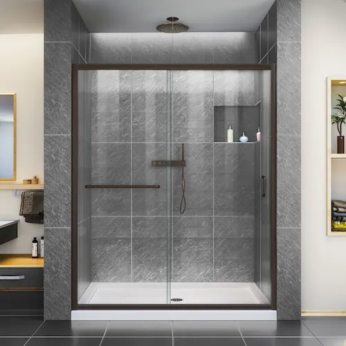 DreamLine Infinity-Z 36 in. D x 60 in. W x 74.75 in. H Alcove Shower Kit with White Acrylic Base, Centre Drain & Clear Glass Sliding Door in Bronze (No Shower Wall)