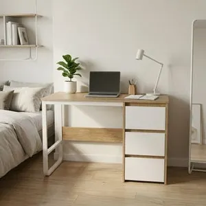 Escritorio Oficina 120 cm con 3 Cajones, Mesa de Ordenador Moderna, Estructura Metálica Blanca, Color Sonoma/Blanco 120x48x74 cm