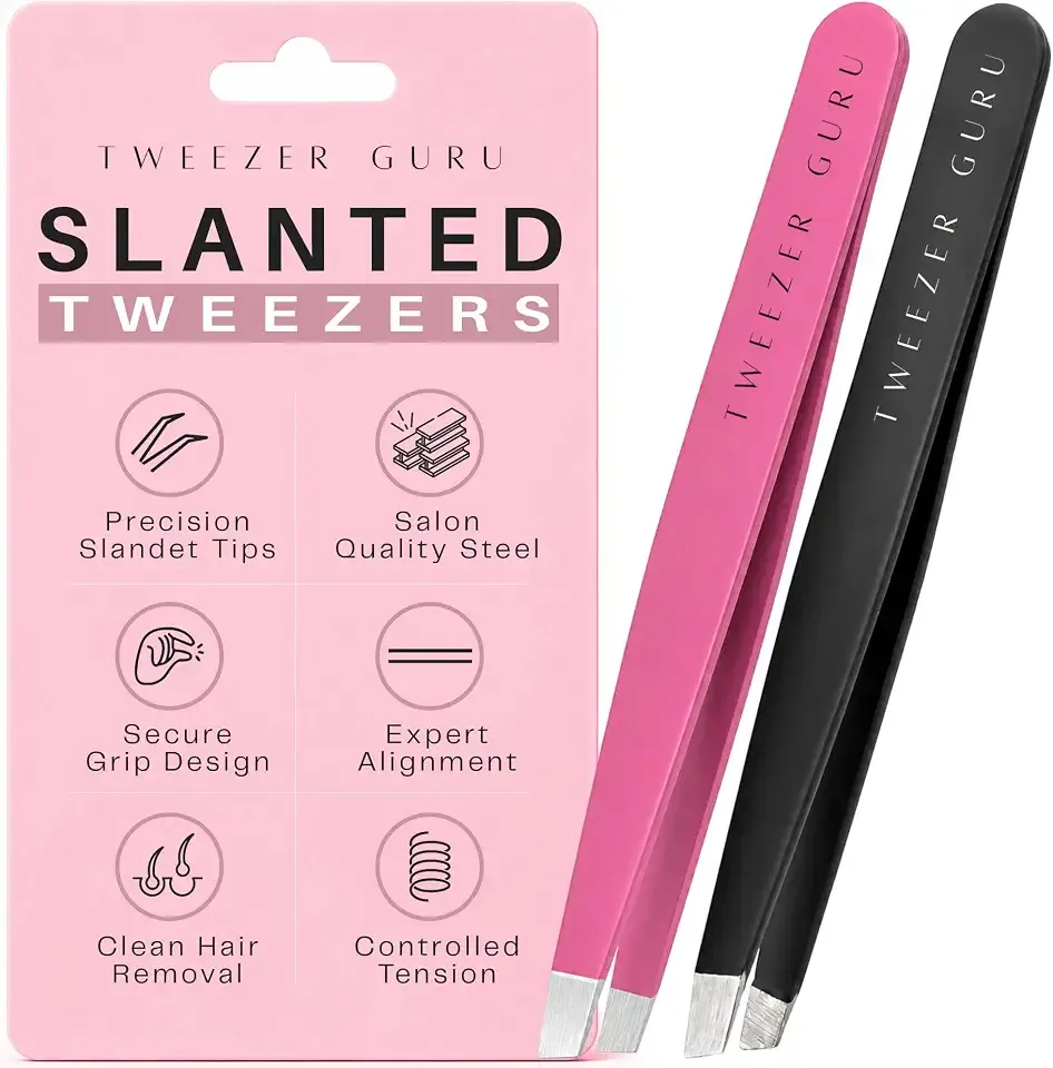 Tweezer Guru Tweezers for Women Facial Hair & Men – Precision Slant-Pointed Eyebrow Tweezer for Ingrown Hair, Blackhead & Splinter Removal (Black+Pink)