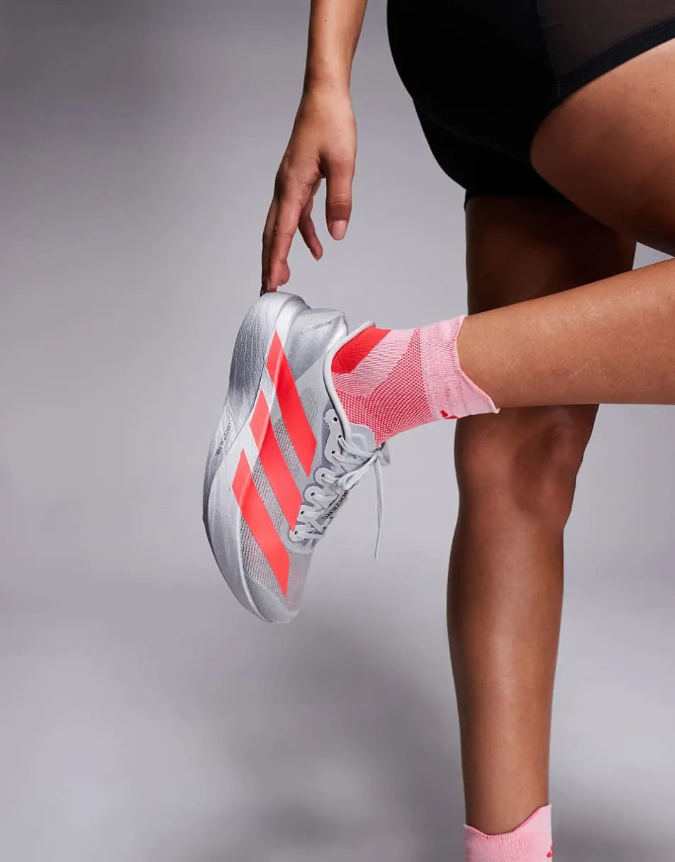 adidas Running Adizero EVO SL in silver and neon red