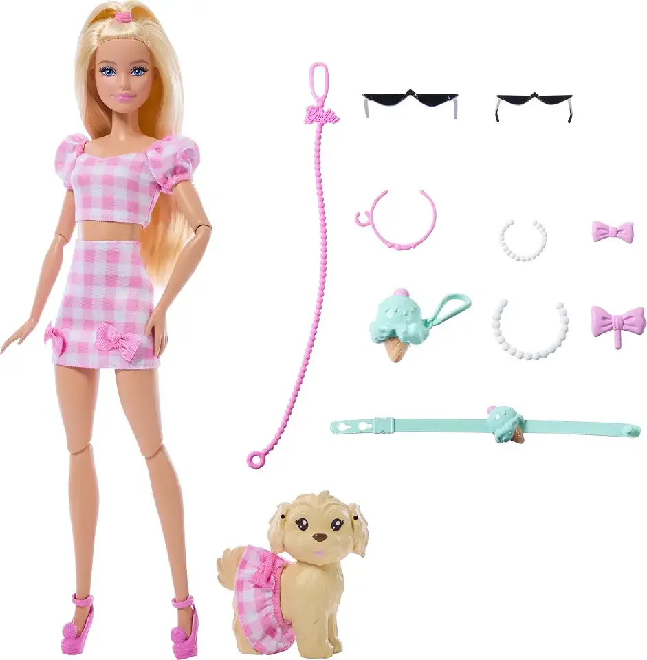 Twinning Looks Doll with Pet Dog in Matching Pink Gingham Clothes | and Accessories for Both like Sunglasses, Necklaces and Bows, Blonde