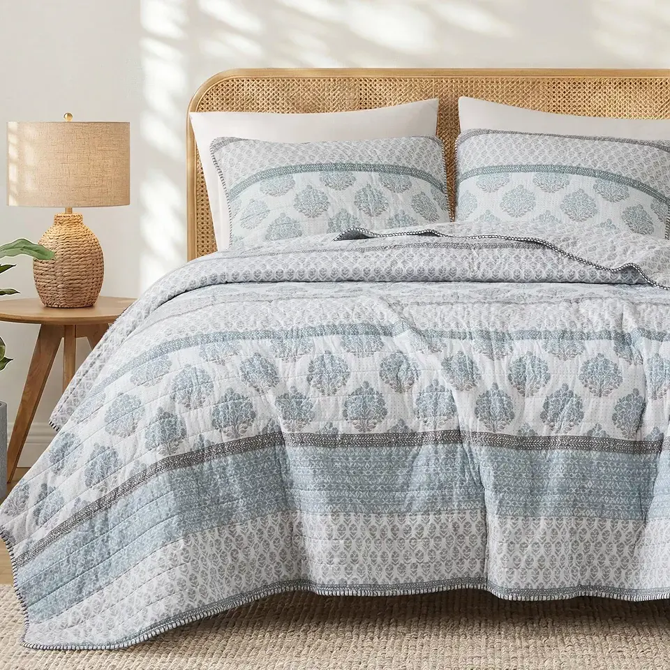 INK+IVY Queen Cotton Quilt Set, Boho Reversible All Season Bedding, Aqua | Block-print inspired medallions and artisanal stitching offer timeless style with relaxed sophistication