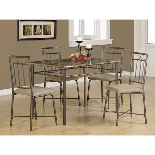 Monarch Specialties Dining Table Set, 5pcs Set, Small, 48" Rectangular, Faux Marble, Kitchen, Metal, Brown Marble Look
