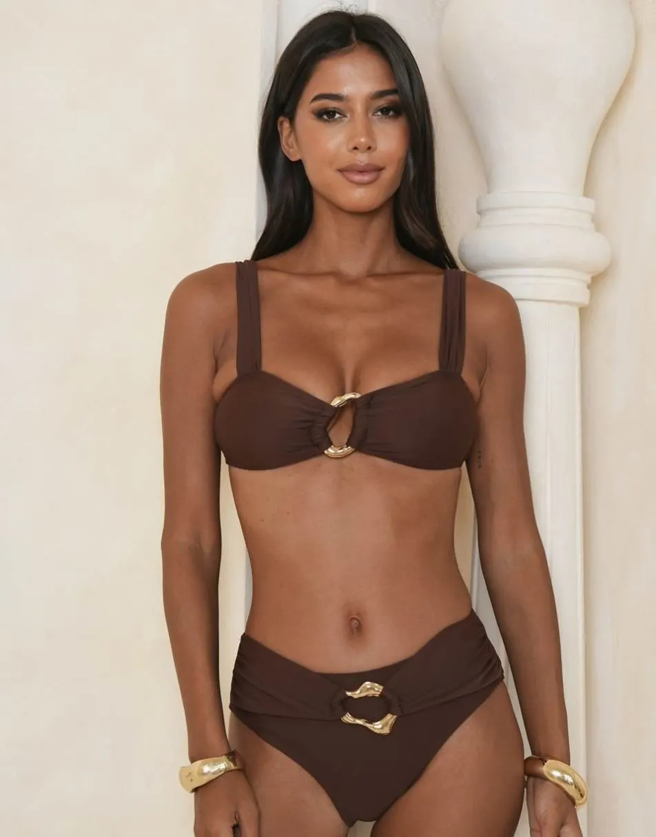 Moda Minx bralet bikini top with molten hardware detail in coffee