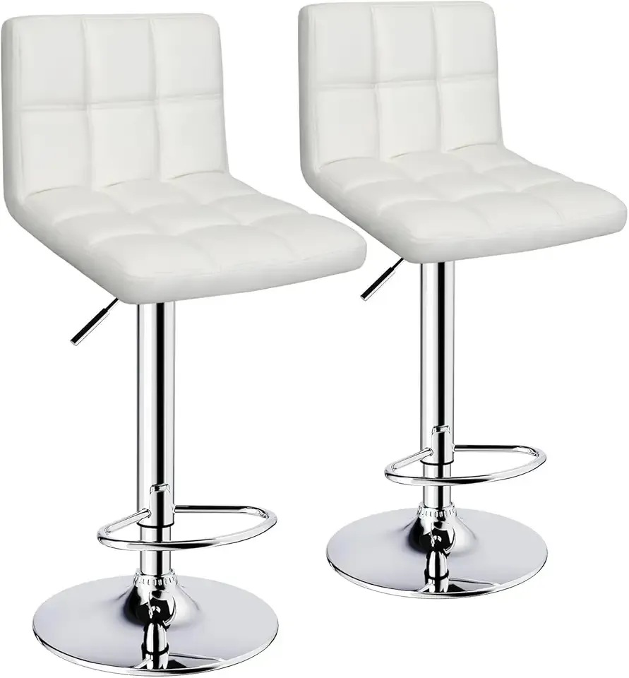 Bar Stools Set of 2,Armless Adjustable Swivel Barstools with Back,6-Squares Double Needle PU Leather Counter Height Bar Stools for Kitchen Island,White