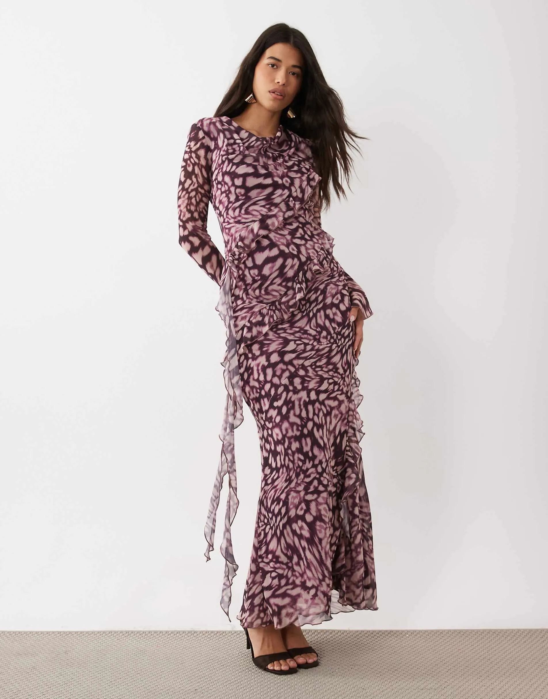 Daska chiffon high cowl neck frill detail maxi dress in burgundy animal print