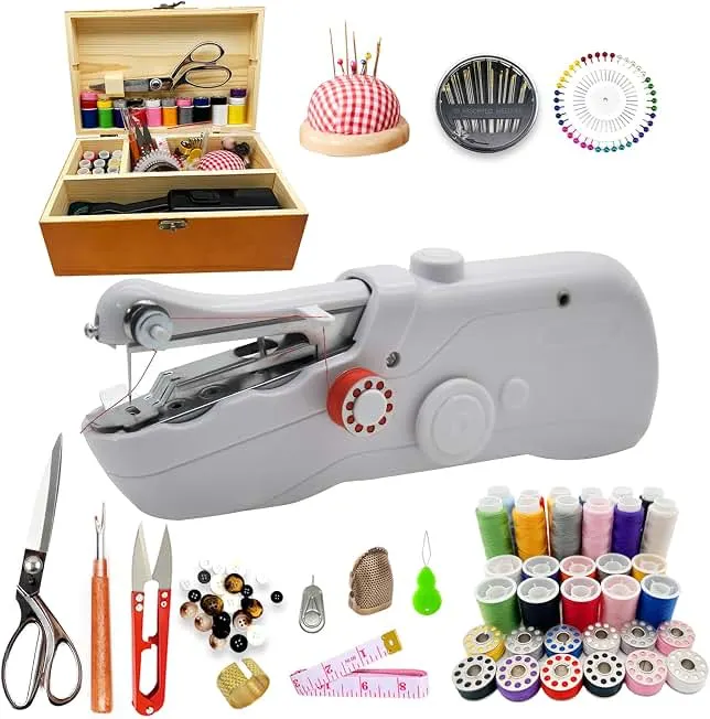 Handheld Sewing Machine with Exquisite Wooden Storage Box & 142-Piece Sewing Kit - Electric Switch, Dual Power Supply, Assorted Needl…