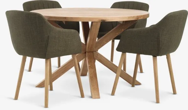 GRIBSKOV + ADSLEV GRIBSKOV Ø120 tafel naturel eik + 4 ADSLEV stoelen olijf