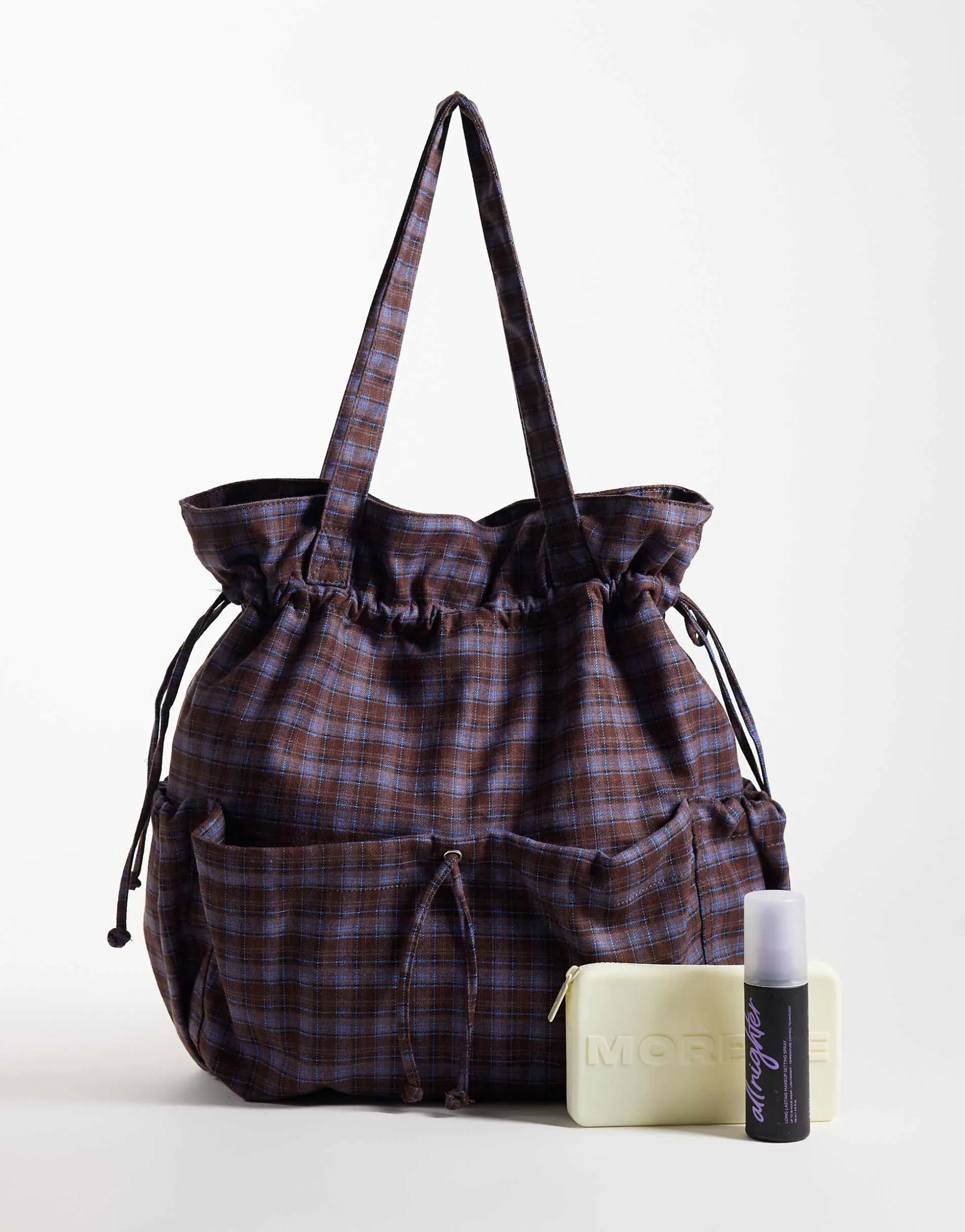 ASOS DESIGN ruched pocket tote bag in purple & blue check