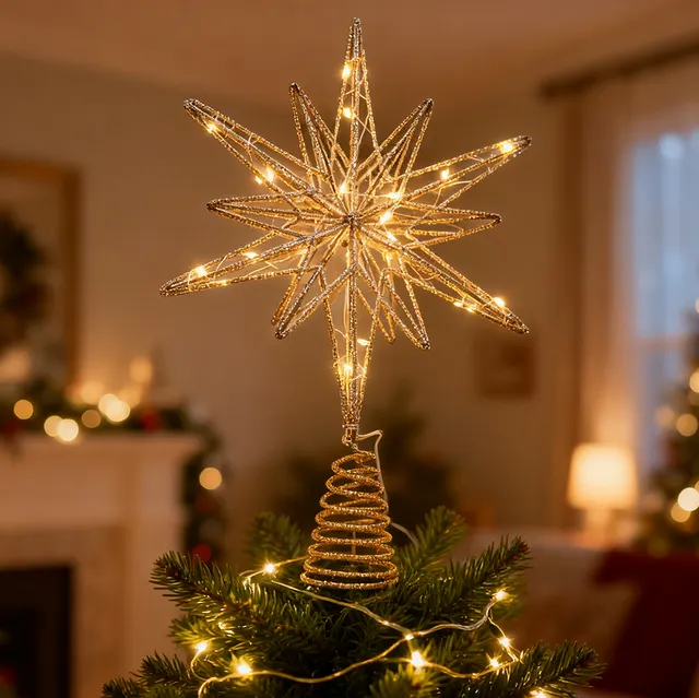 Adorno navideño con 20 luces LED para la copa del árbol de Navidad, Estrella decorativa para la copa del árbol de Navidad, Estrella navideña de metal