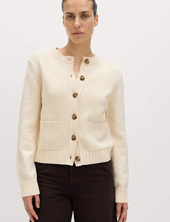 Cotton Rich Crew Neck Button Front Cardigan