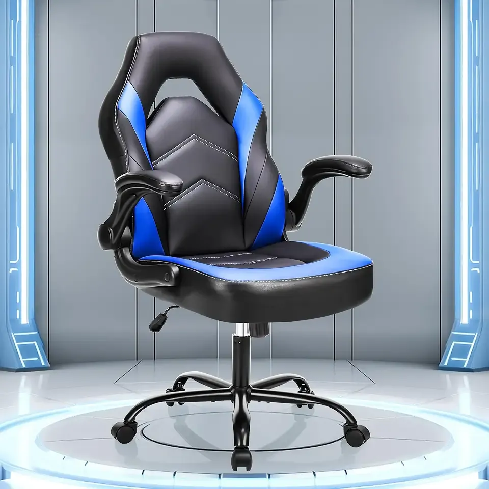 OLIXIS Computer Gaming Chair - PU Leather Ergonomic Lumbar Support with Flip-up Armrest and 360° Swivel Wheels, Height Adjustable Task Home Office Desk Video Racing, Blue