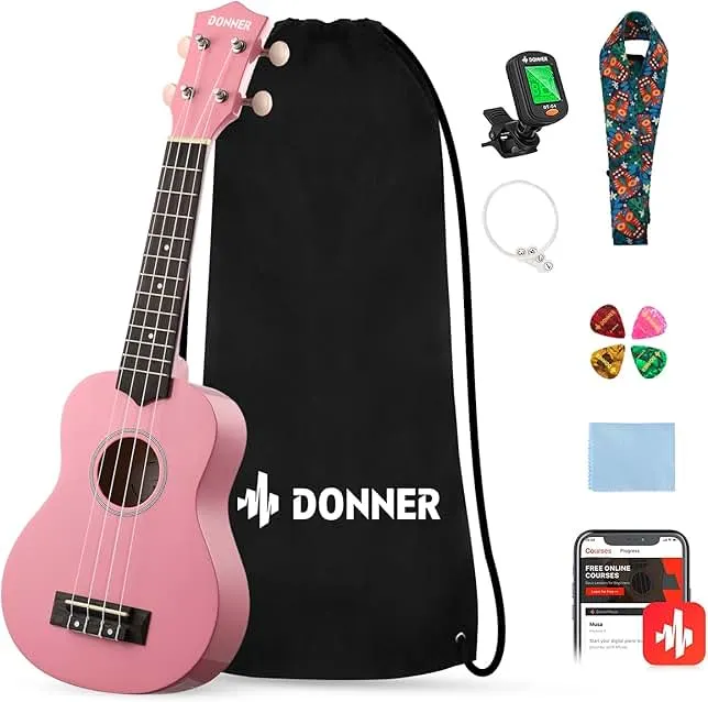 Donner Soprano Ukulele for Beginners 21 Inch Ukelele Starter Bundle Kit with Free Online Lessons Bag Strap String Tuner Picks Cloth Ukalalee Yukalalee (Pink)