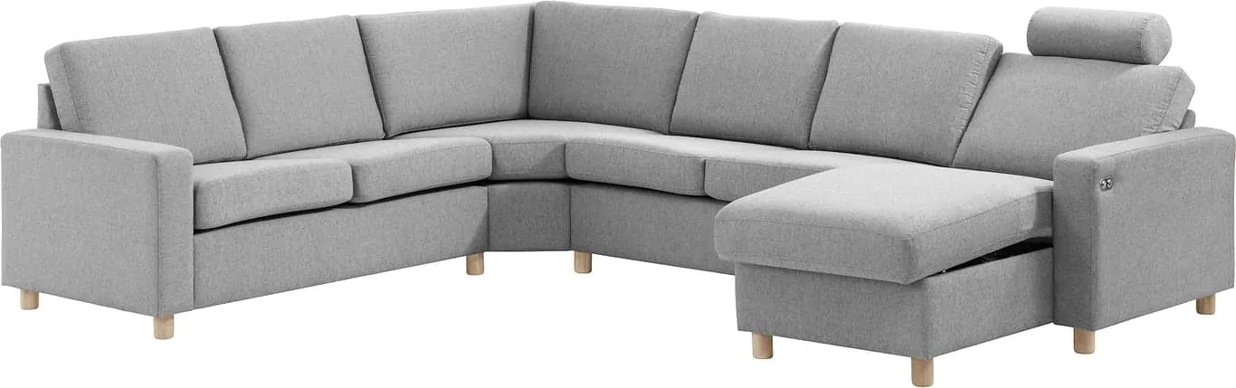 Sone lav hjørnesofa Modulsofa. 2 seter + stort hjørne + 2 seter + sjeselong med recliner i stoff Atlas, armlene J.