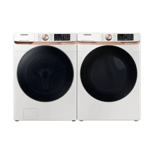 Bundle: Samsung 5.0 cu. ft. Smart Front Load Washer with Super Speed Wash and Steam + 7.5 cu. ft. Stackable Smart Gas Dryer with Steam and Sensor Dry - White